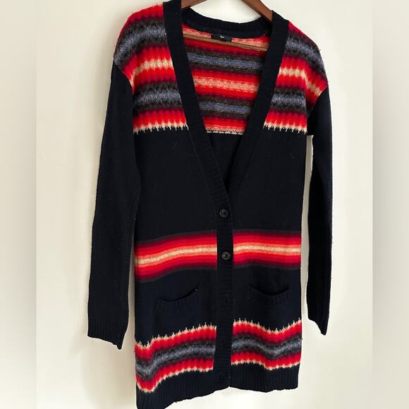 Gap lambswool cardigan with pockets women's size small dark blue bright stripes - Picture 2 of 7